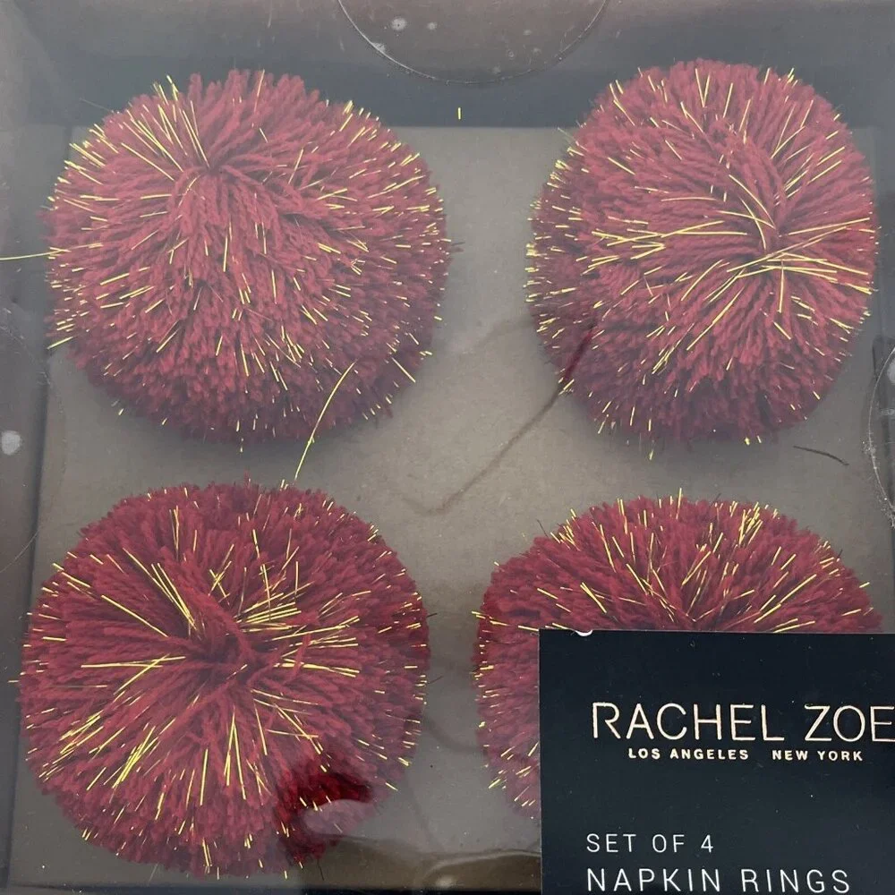 Rachel Zoe Holiday Napkin Rings Red Pom Pom Gold Metallic Threads‎ Set Of 4